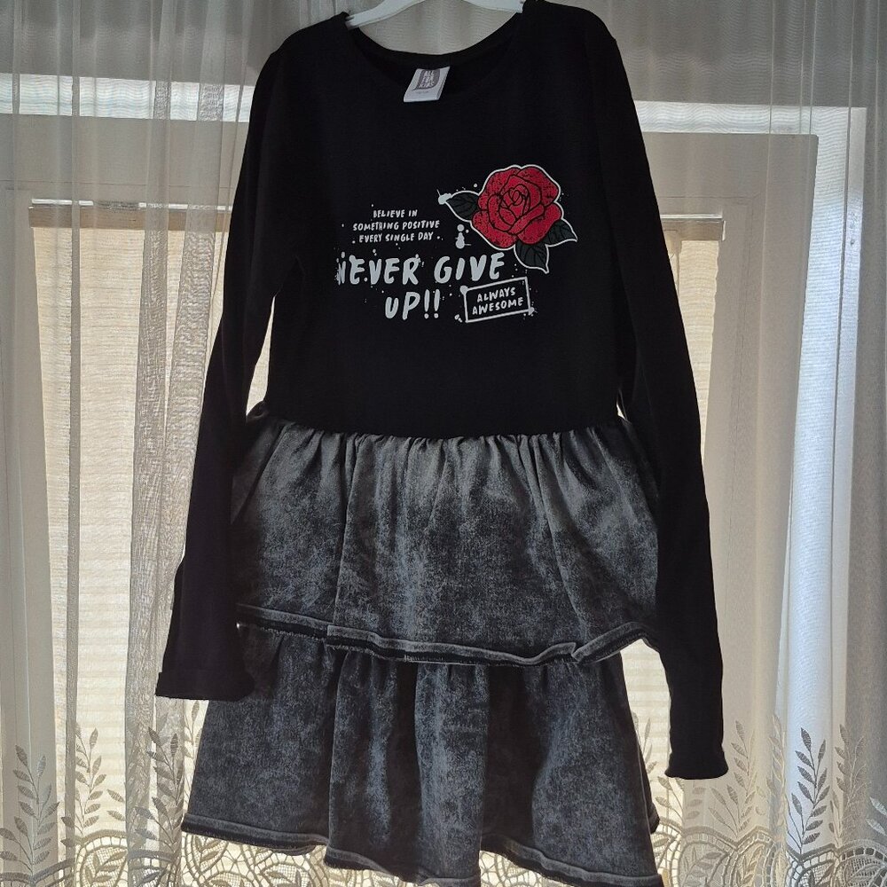 Positive message black denim bottom sleek and elegant girl's dress!